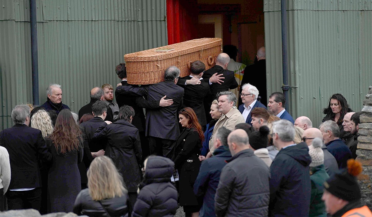 The coffin of Clannad singer Moya Brennan is carried into St Patrick's Church in Meenaweal, Co Donegal, for her funeral mass. Pic: Mark Marlow/PA Wire