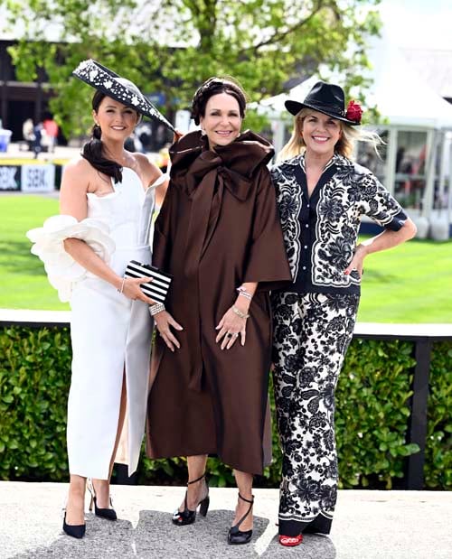 Judges in the Bollinger best Dressed Day Jennifer Wrynne - Hat Designer Jess Colivet and Marietta Doran MC at the opening day of the Punchestown Festival 2026. Pic: Michael Chester