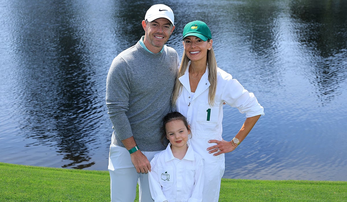 Rory McIlroy poses with his daughter Poppy and wife Erica during the Par Three Contest prior to the 2026 Masters Tournament at Augusta. Pic: Getty Images