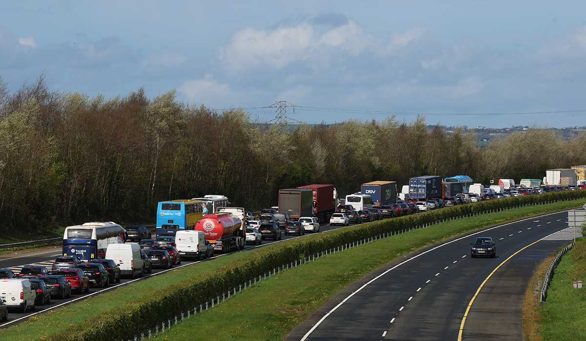 Heavy traffic at Junction 4 Northbound of the M1, County Dublin, due to vehicles taking part on the third day of a National Fuel Protest against rising fuel prices. Hauliers and agricultural contractors staged a series of slow-moving convoys on motorways as well as blockades of fuel depots and major routes across the country on Tuesday and Wednesday. Picture date: Thursday April 9, 2026.