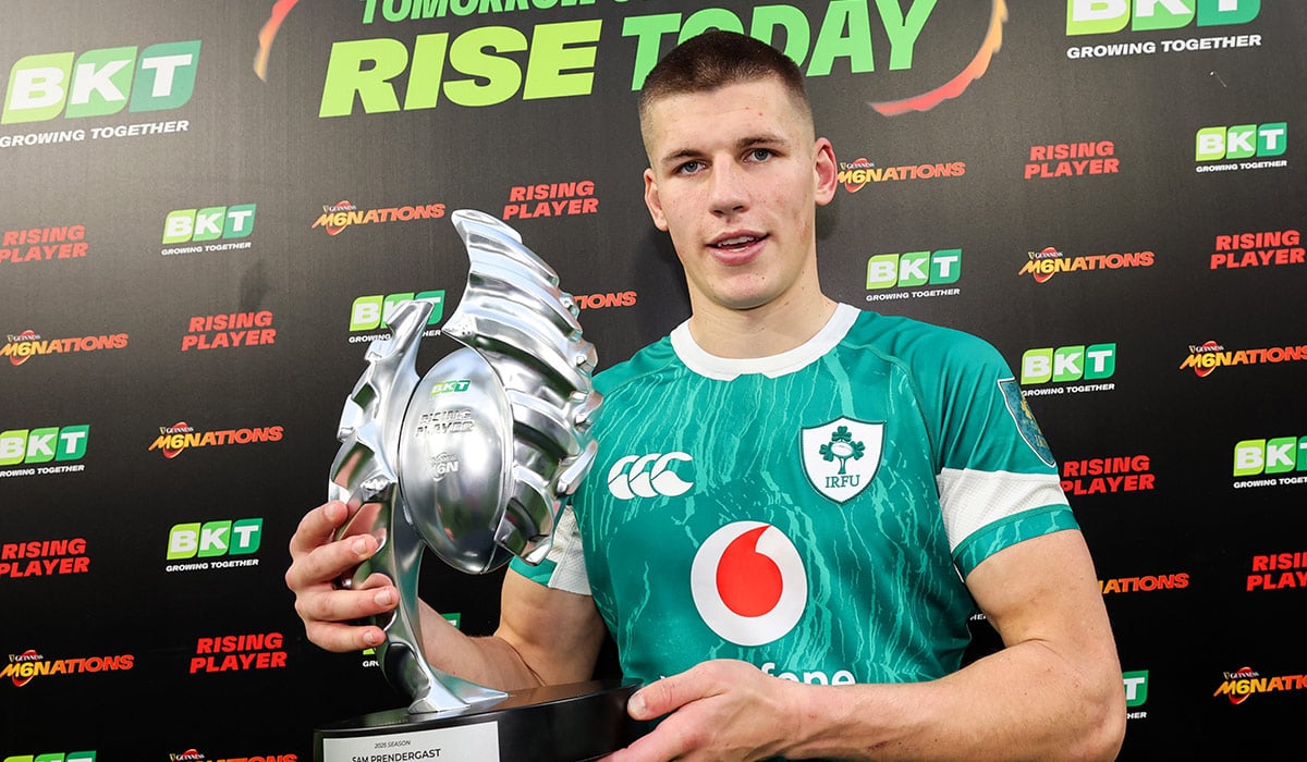 2025 Guinness Six Nations Championship Round 5, Stadio Olimpico, Rome 15/3/2025 Italy vs Ireland Ireland’s Sam Prendergast is presented with the Young Player of the Tournament award. Pic: INPHO/Billy Stickland