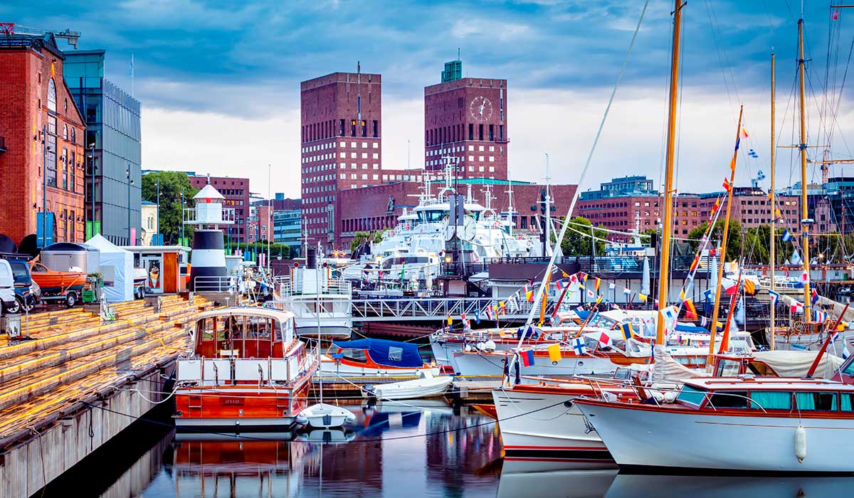 Oslo City Hall from Aker Brygge Marina - Oslo, Norway