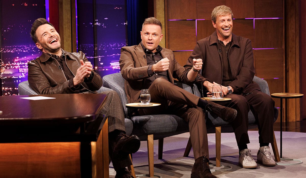 Westlife speaking with Patrick Kielty on The Late Late Show. Pic: Andres Poveda