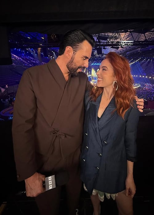 Angela Scanlon and Rylan Clark host Eurovision for the BBC. Pic: Angela Scanlon/Instagram