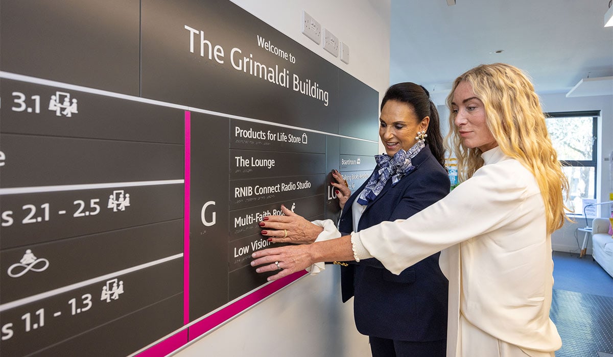 Dame Gail - the outgoing President - and Victoria Smurfitt - the incoming president of the RNIB complete a handover tour of facilities at Grimaldi House. Central London. Pic: Zute Lightfoot