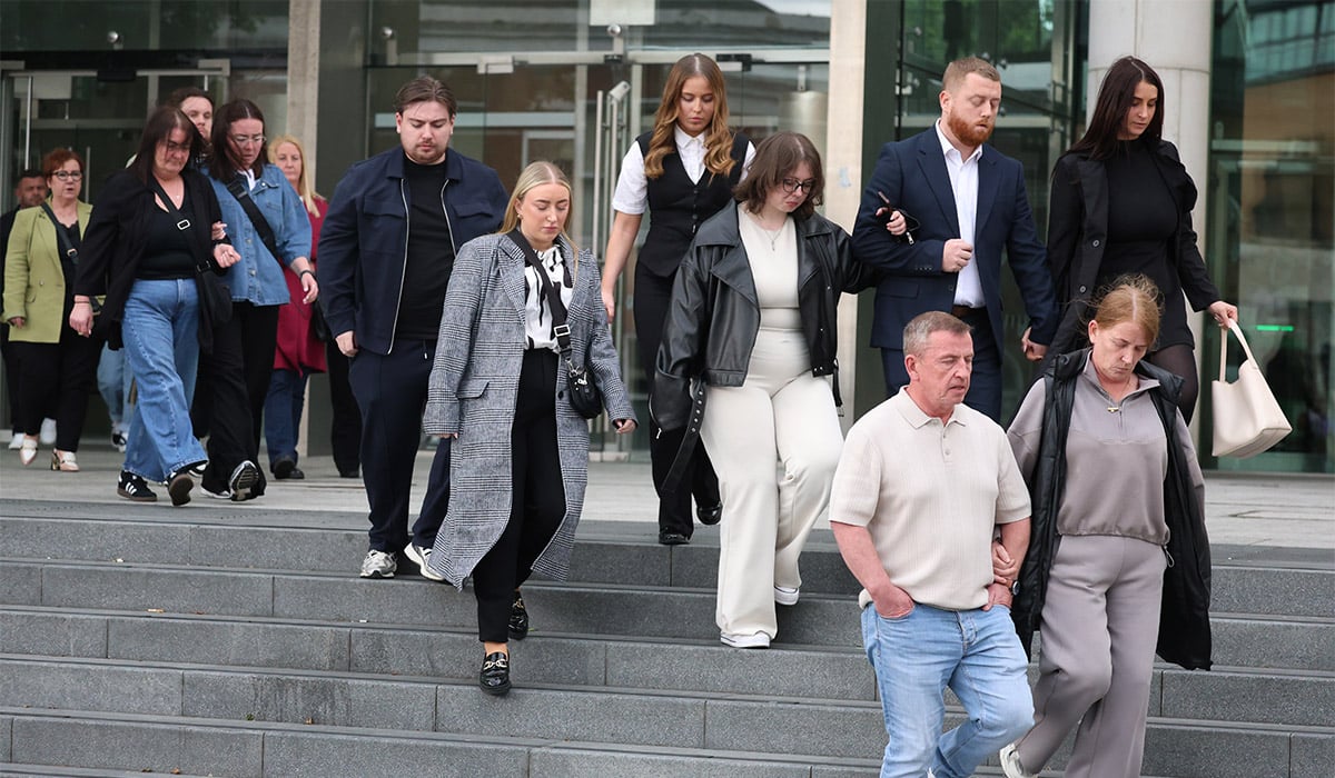 Friends and family of Anthony (Anto) Hogg, who was 39, and 38-year-old Georgina Hogg Moore pictured leaving to Dublin circuit court in Dublin. Pic: Collins Courts
