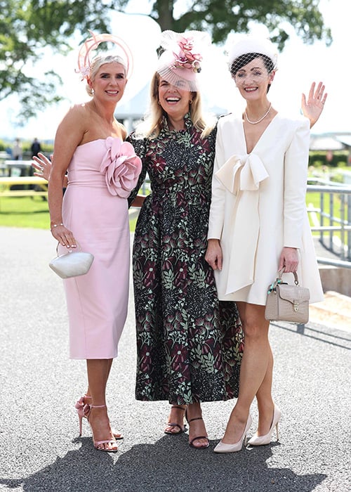 Marietta Doran, centre, with, Lisa Toomey, right, Hotel Director of Quality at Ashford Castle, and Jenny Owens at the Tattersalls Irish Guineas at The Curragh Racecourse. Pic: Damien Eagers Photography