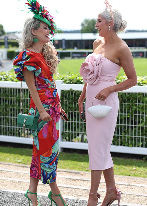 Jenny Owens, right, from Cavan and Anne Marie Corbett, from Cork at the Tattersalls Irish Guineas at The Curragh Racecourse. Pic: Damien Eagers Photography