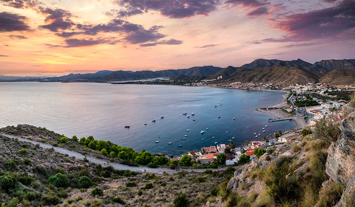 Dreamy sunset view over La Azohia beach, Murcia, Spain.