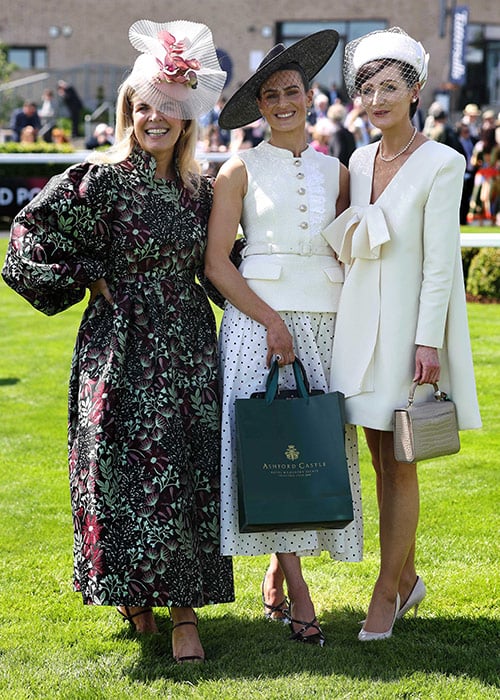 Winner of the Ashford Castle Style Icon at The Curragh Racecourse as part of the Tattersalls Irish Guineas Weekend, Katie Young, with judges Marietta Doran and Lisa Toomey. Pic: Damien Eagers Photography
