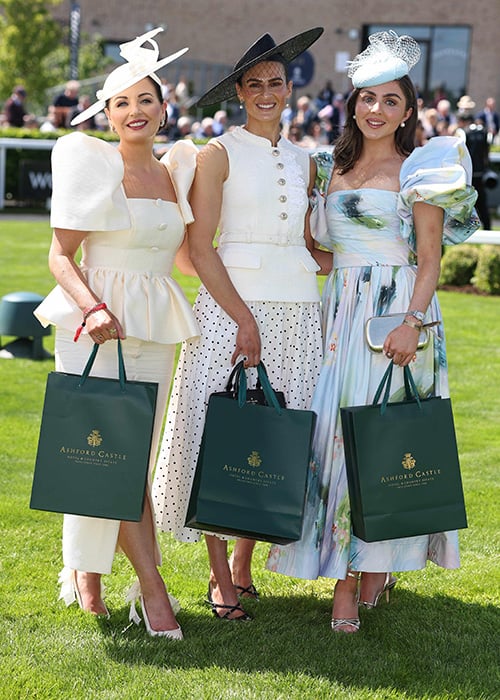 Winner of the Ashford Castle Style Icon at The Curragh Racecourse as part of the Tattersalls Irish Guineas Weekend, Katie Young (centre) with finalists (l-R) Sarah Cass from Kilkenny and Éilis Dempsey from Galway. Pic: Damien Eagers Photography