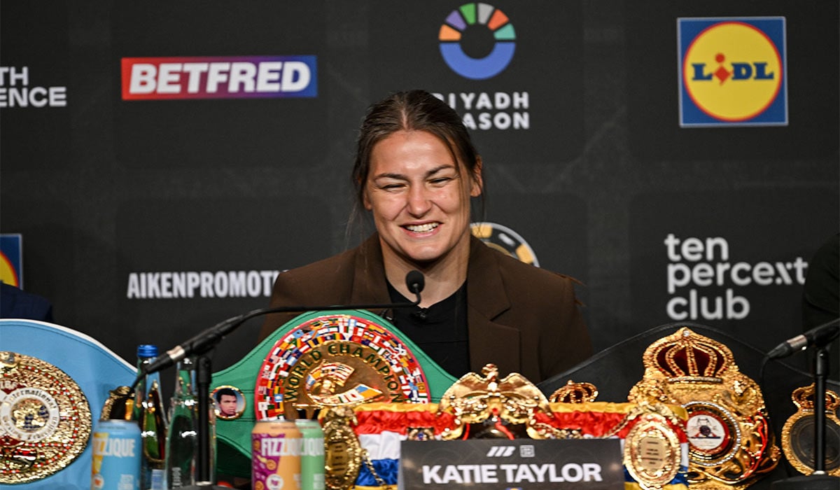 Katie Taylor during a media conference to announce her undisputed super-lightweight title bout against Flora Pili, which will take place at Croke Park in Dublin on 5 September. Pic: Ramsey Cardy/Sportsfile