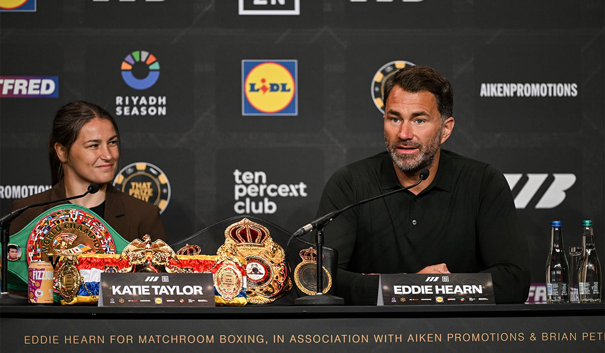 Katie Taylor and promoter Eddie Hearn, during a media conference to announce the undisputed super-lightweight title bout between Katie Taylor and Flora Pili, which will take place at Croke Park in Dublin on 5 September. Pic: Ramsey Cardy/Sportsfile