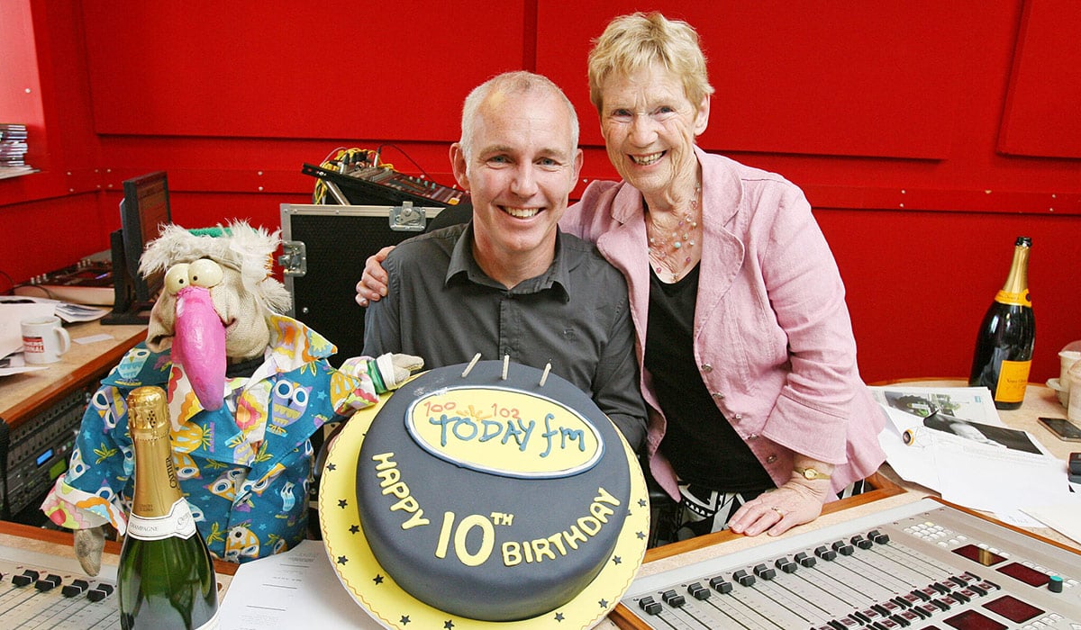 Dustin and Mary D'Arcy (Rays Mum) are pictured with Ray D’Arcy in the Today FM Studios. Pic: James Horan/Collins Photos