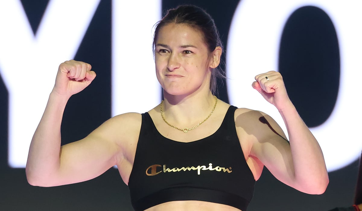 NEW YORK, NEW YORK - JULY 10: Katie Taylor poses on the scale after weighing in for her upcoming fight at The Theater at Madison Square Garden on July 10, 2025 in New York City. (Photo by Ed Mulholland/Getty Images)