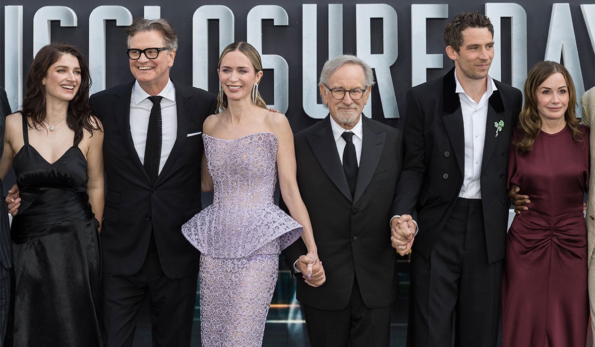 Eve Hewson, Colin Firth, Emily Blunt, Steven Spielberg, Josh OâConnor and Kristie Macosko Krieger attend the UK premiere for "Disclosure Day" at Cineworld Leicester Square. Pic: Getty Images