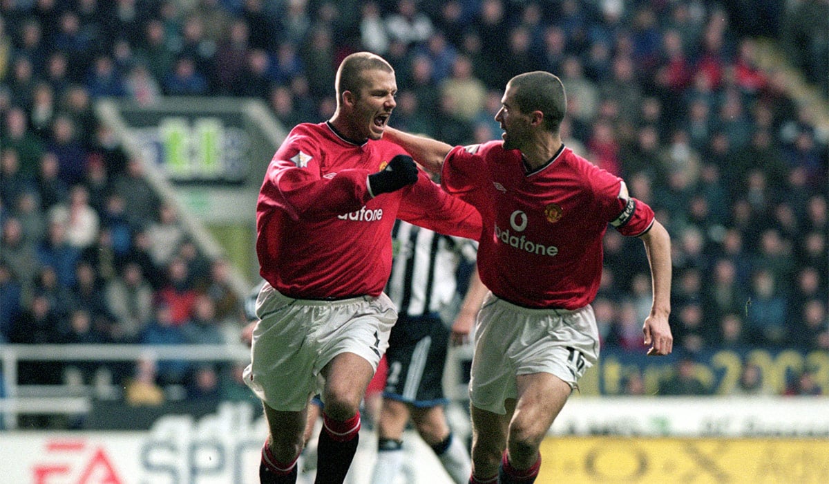 David Beckham (left) and Roy Keane (right) of Manchester United celebrate during the FA Carling Premiership match against Newcastle United played at St James Park, in Newcastle, England. Pic: Getty Images
