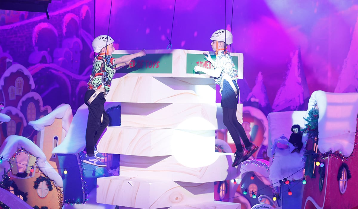 Keelan Tiernan (10) and Dylan Bowe (10) from Dublin tackle the Tower of Toys at The Late Late Toy Show 2025. Pic: Andres Poveda