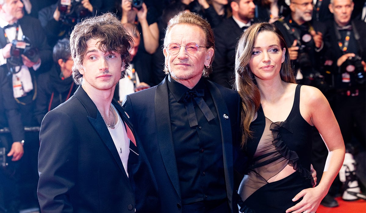 Elijah Hewson, Bono and Jordan Hewson attend the "Bono: Stories Of Surrender" red carpet at the 78th annual Cannes Film Festival at Palais des Festivals. Pic: Getty Images
