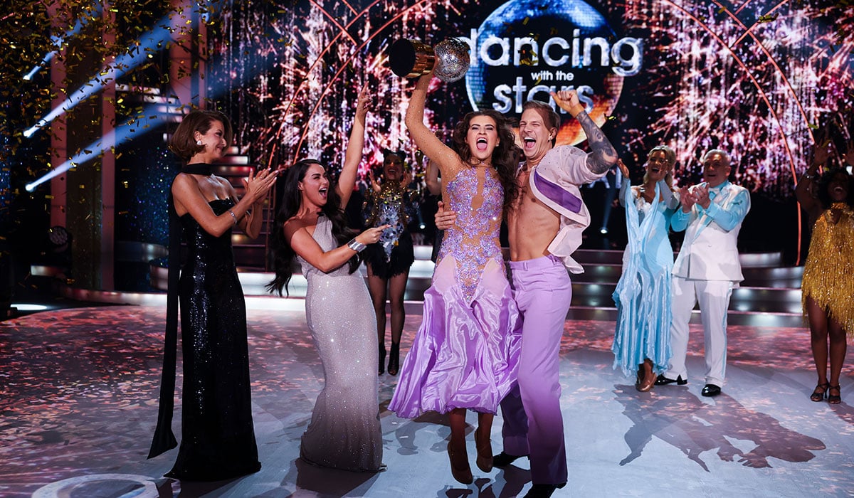 Rose of Tralee Katelyn Cummins with Pro Dancer Leonardo Lini celebrarte winning during the live show of RTE’s Dancing With The Stars. Pic: Kyran O’Brien /kobpix