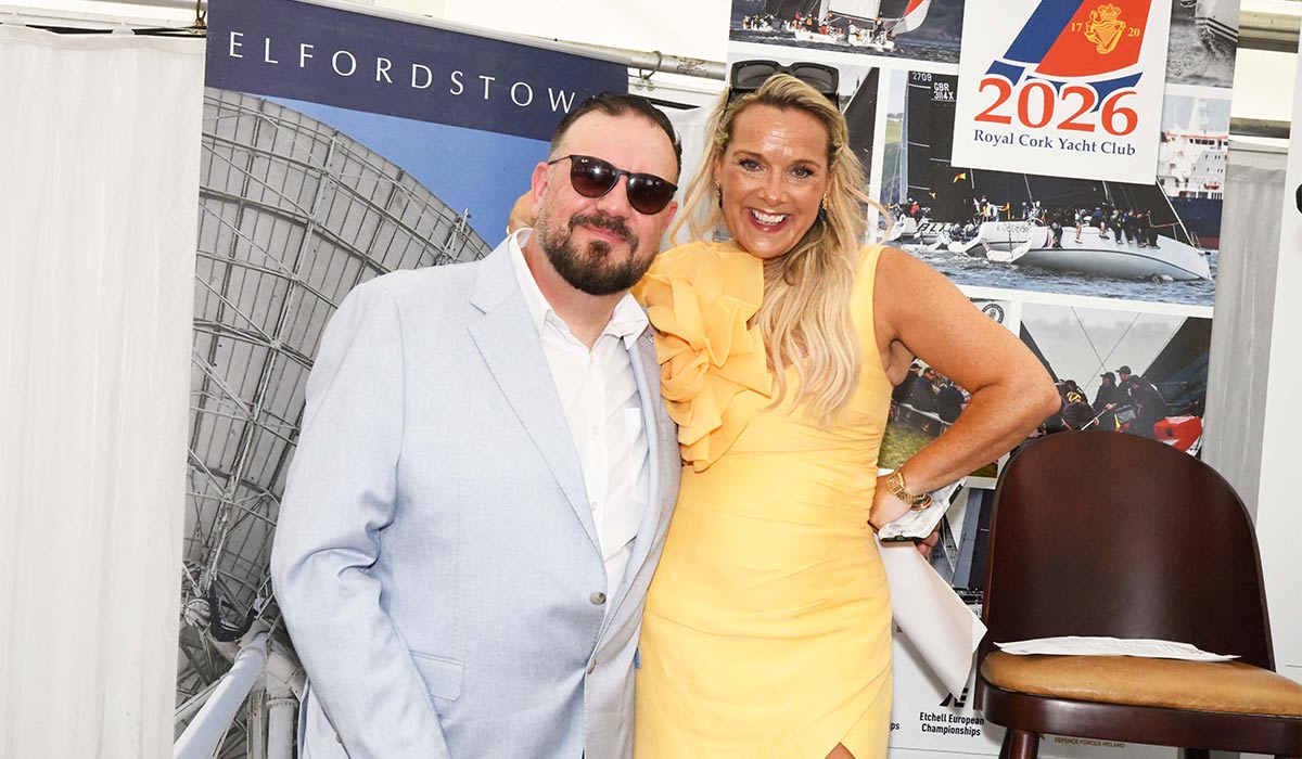 Keith Cunningham (MC) & Jenny McCarthy (organising team) at the Cork Week Ladies Day, RCYC, in aid of Crosshaven RNLI. Pic: Siobhán Russell