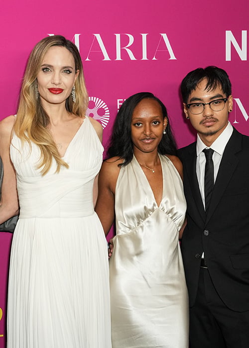 Pax Thien Jolie-Pitt, Angelina Jolie, Zahara Marley Jolie and Maddox Chivan Jolie-Pitt at the red carpet premiere of "Maria" during the 62nd New York Film Festival held at Alice Tully Hall on September 29, 2024 in New York City. (Photo by John Nacion/Variety via Getty Images)