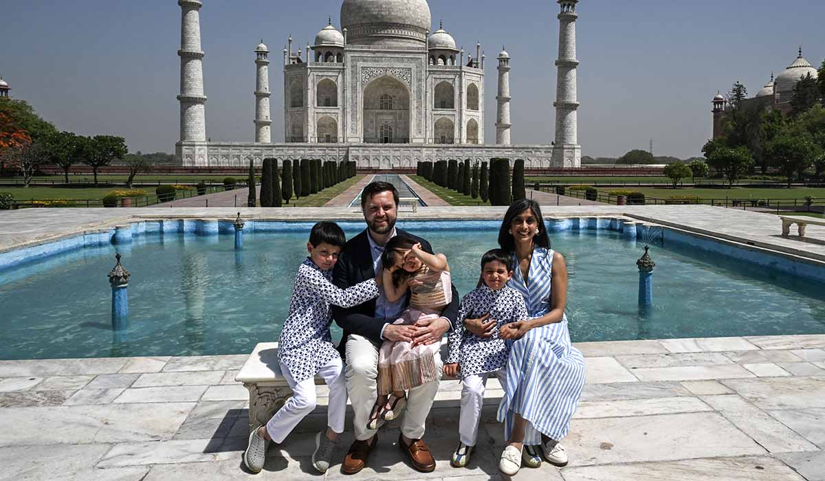 President JD Vance, his wife Usha Vance, daughter Mirabel and sons Ewan and Vivek pose during their tour at the Taj Mahal