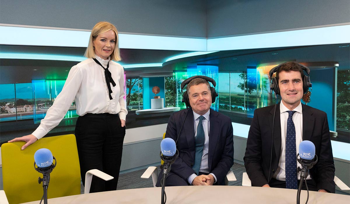 Host Claire Byrne, Minister for Public Expenditure and Reform Paschal Donohoe TD and Minister for Finance Jack Chambers TD before speaking on the Claire Byrne show on RTE Radio 1. Pic: Sam Boal/Collins Photo