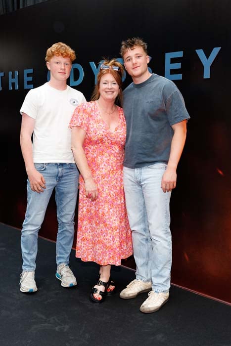 Iarla, Bláthnaid Ní Chofaigh and Darach pictured at the Irish premiere screening of Christopher Nolan’s The Odyssey at The Irish Film Institute, Dublin. Pic: Andres Poveda