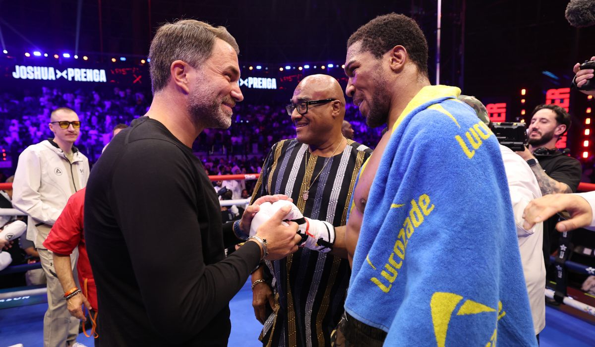Anthony Joshua and Eddie Hearn. Pic: Mark Robinson/Matchroom Boxing/Getty Images
