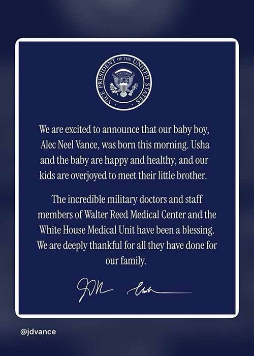 US Vice President JD Vance and his wife Usha welcome fourth child