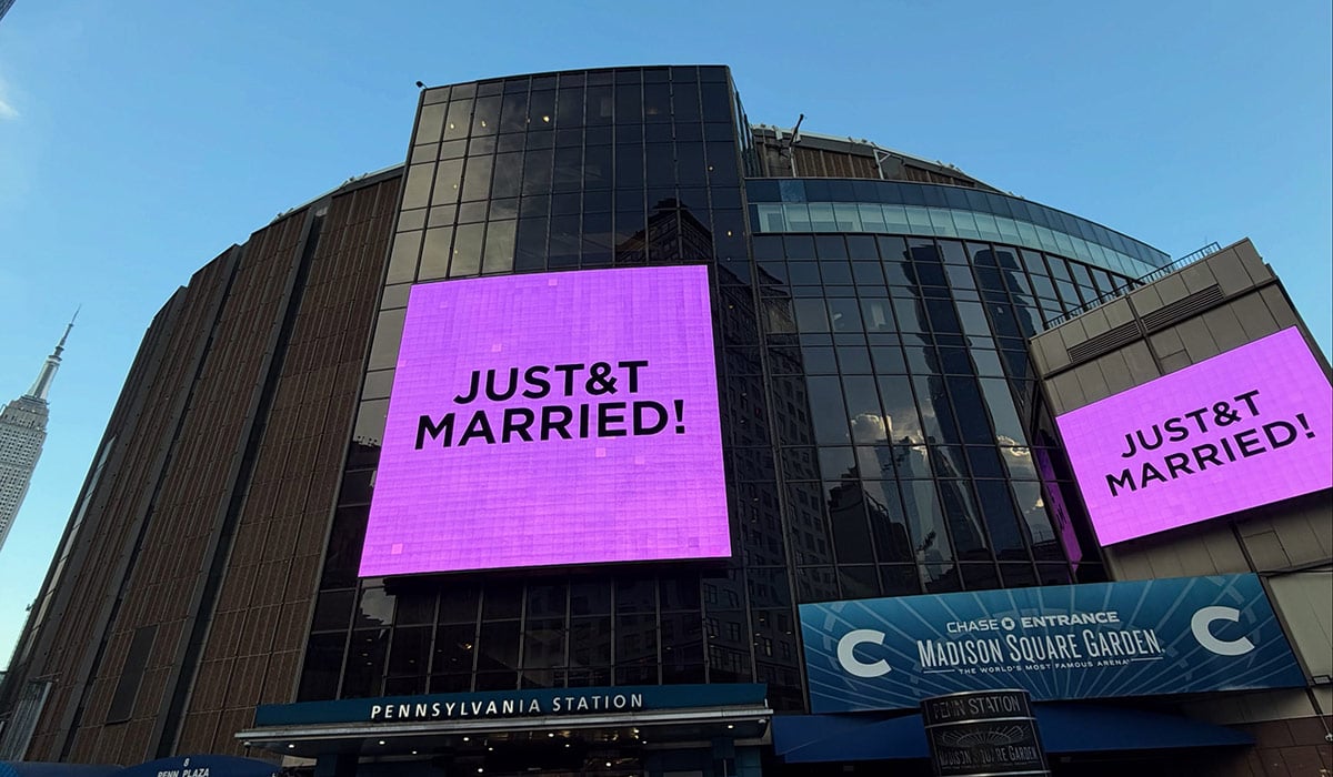 The announcement sign at Madison Square Garden after Taylor Swift and Travis Kelce's wedding. Pic: MSG / Instagram
