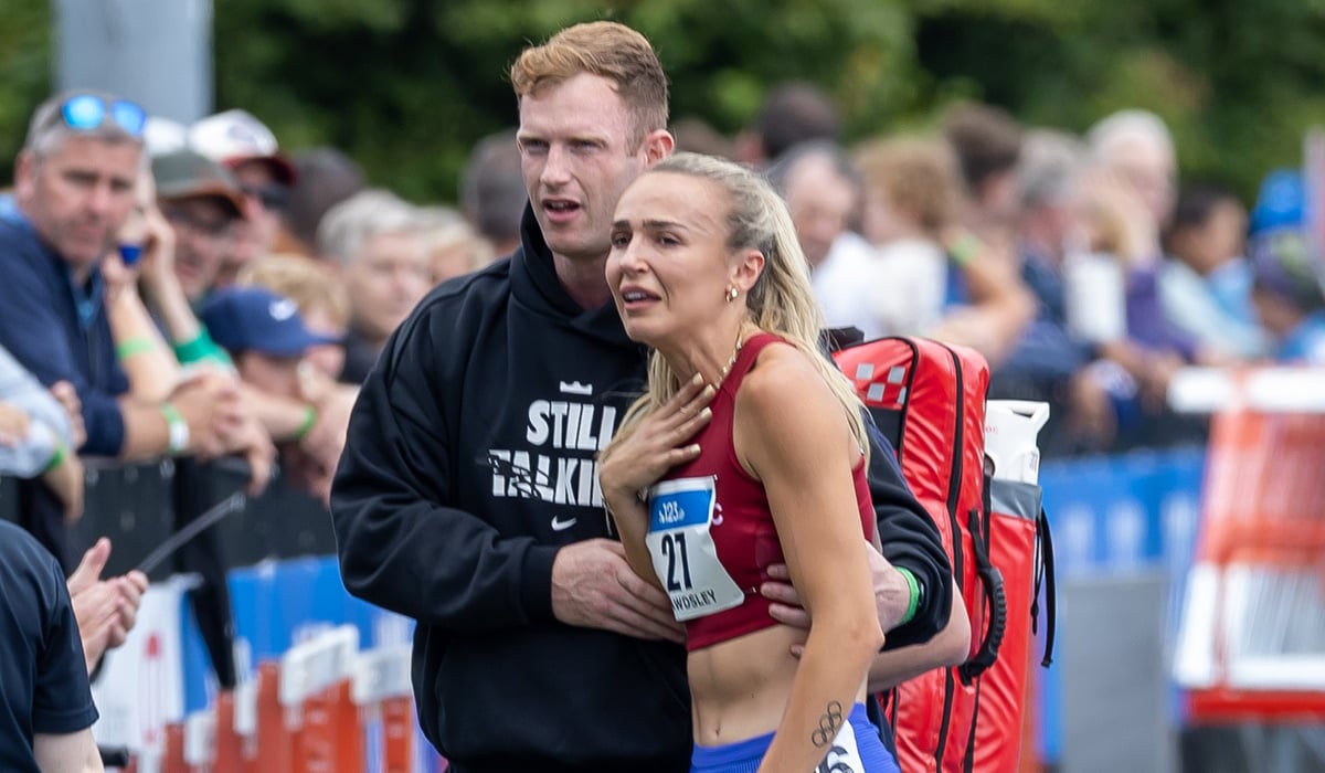 2026 Athletics Ireland National Outdoor Championships, Morton Stadium, Dublin 25/7/2026 Senior Women 200m Sprint Final A distraught Sharlene Mawdsley of Newport A.C. after pulling up injured in the Women’s 200m Final Mandatory Credit ©INPHO/Morgan Treacy