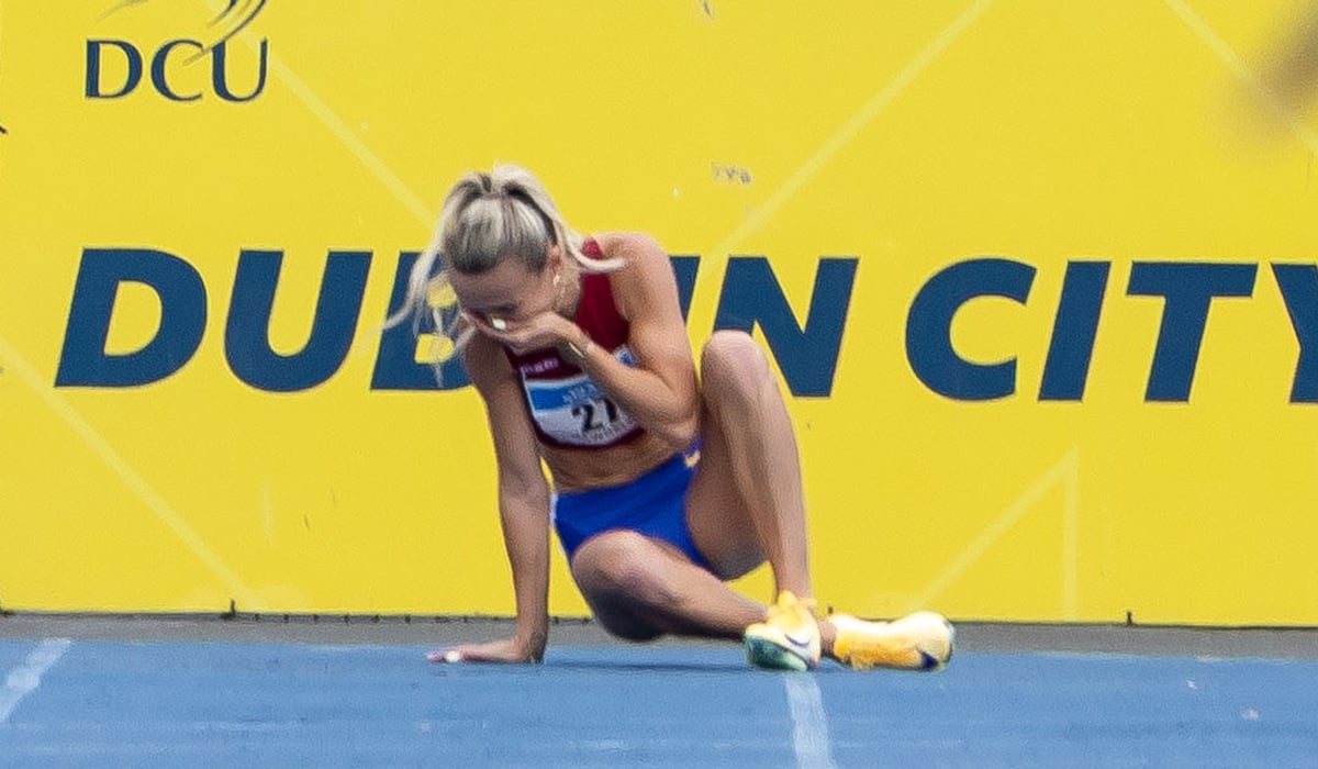 2026 Athletics Ireland National Outdoor Championships, Morton Stadium, Dublin 25/7/2026
Senior Women 200m Sprint Final
A distraught Sharlene Mawdsley of Newport A.C. after pulling up injured in the Women’s 200m Final 
Mandatory Credit ©INPHO/Morgan Treacy
