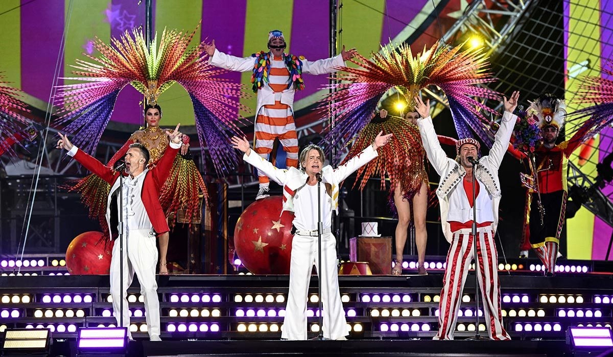 SOUTHAMPTON, ENGLAND - MAY 29: (L-R) Gary Barlow, Mark Owen and Howard Donald of Take That perform live on stage during the "The Circus Live" stadium tour at St Mary's Stadium on May 29, 2026 in Southampton, England. (Photo by Gareth Cattermole/Getty Images for Take That)