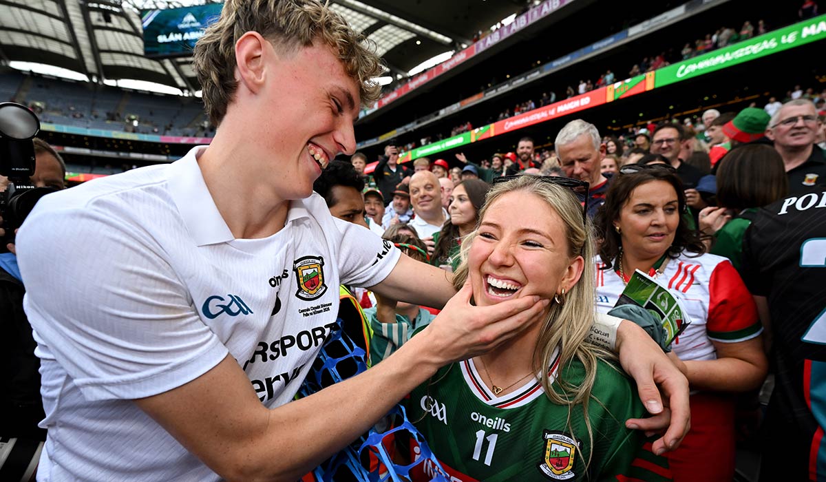 Kobe McDonald of Mayo celebrates with his girlfriend Leah Maheady after the GAA Football All-Ireland Senior Championship final match between Kerry and Mayo at Croke Park in Dublin. Pic: Stephen McCarthy/Sportsfile