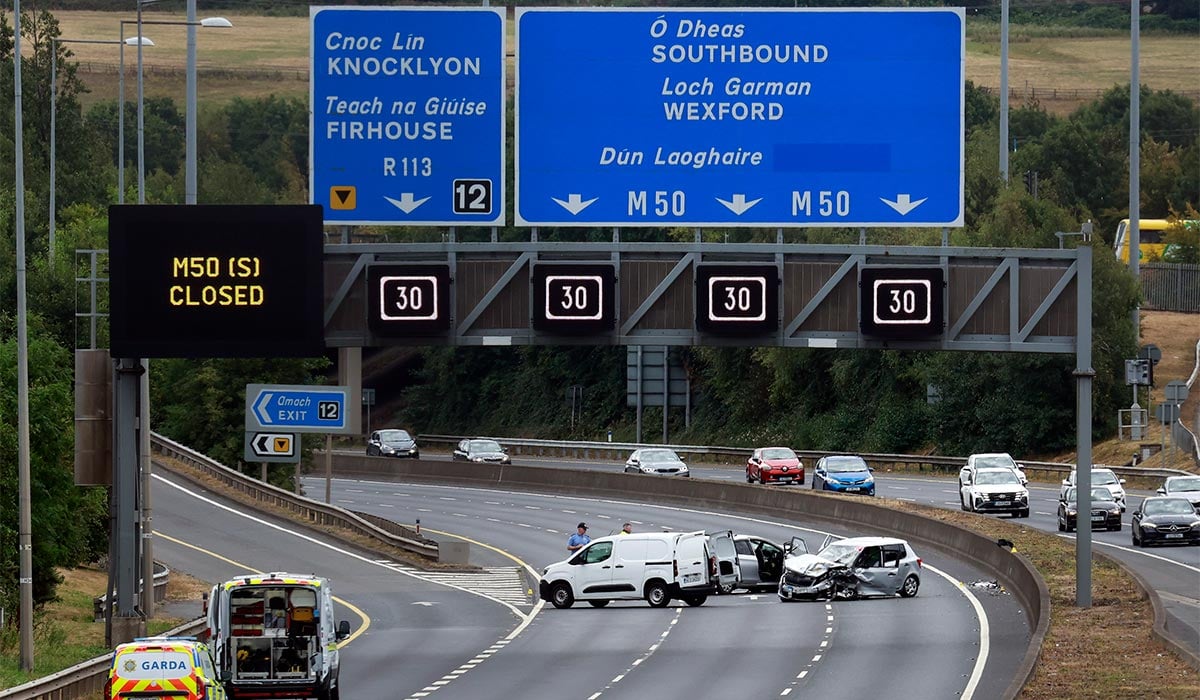 The scene of a motor vehicle accident near Junction 12 on the M50. Pic: Conor Ó Mearáin/Collins Photo Agency