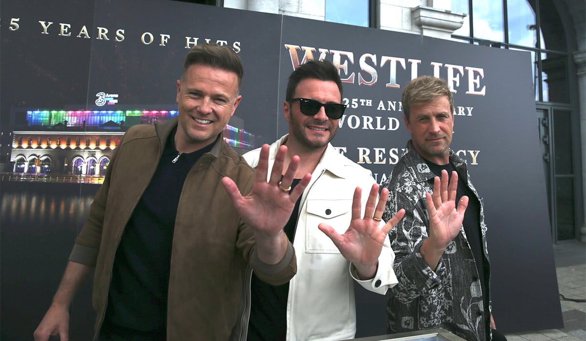 Westlife band members Nicky Byrne, Shane Filan, and Kian Egan at a press briefing at the 3Arena Dublin this afternoon. Pic: Stephen Collins/Collins Photos