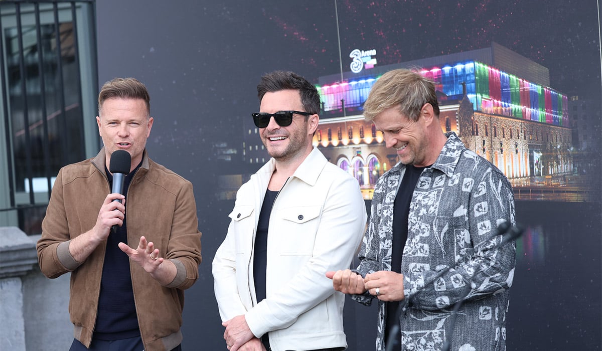 Westlife band members Nicky Byrne, Shane Filan, and Kian Egan at a press briefing at the 3Arena Dublin this afternoon. Pic: Stephen Collins/Collins Photos