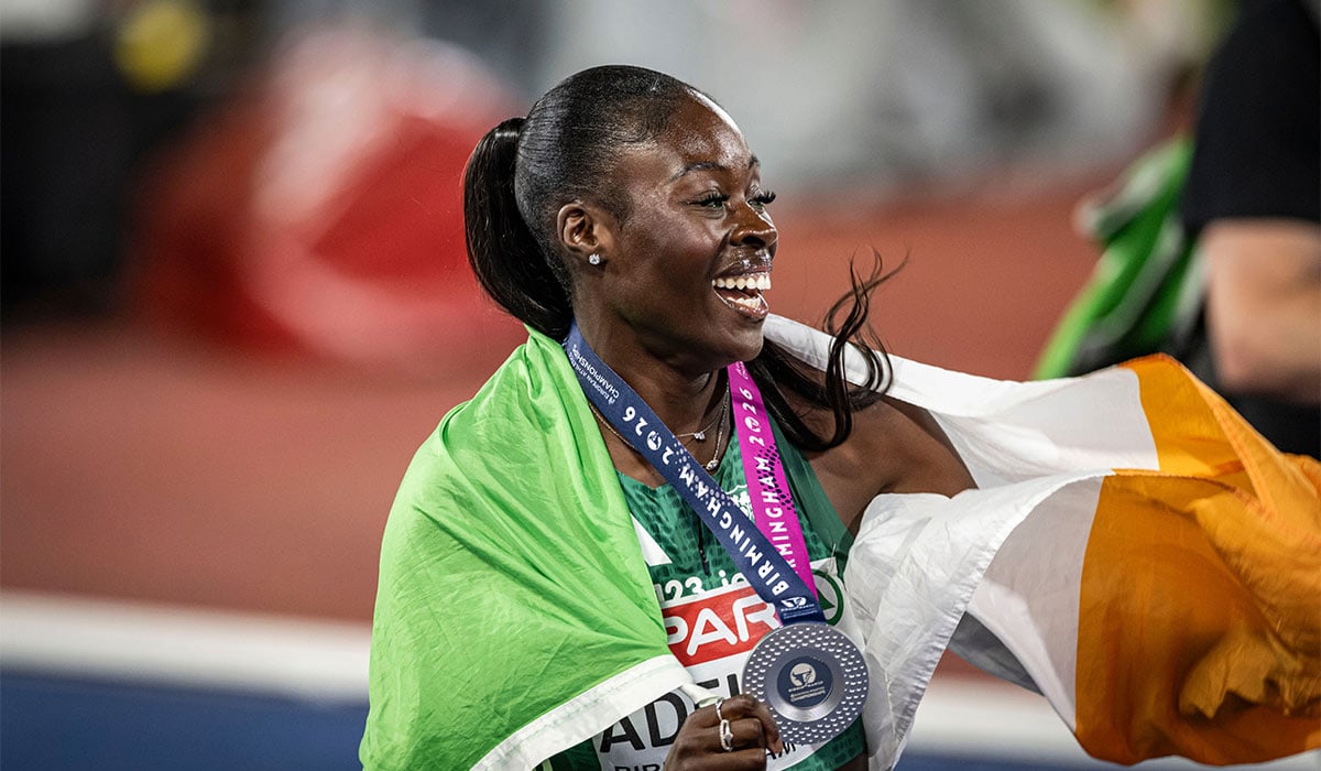 Rhasidat Adeleke (IRL) celebrates finishing second in the womens 200m; Alexander Stadium, Birmingham. Pic: Shutterstock