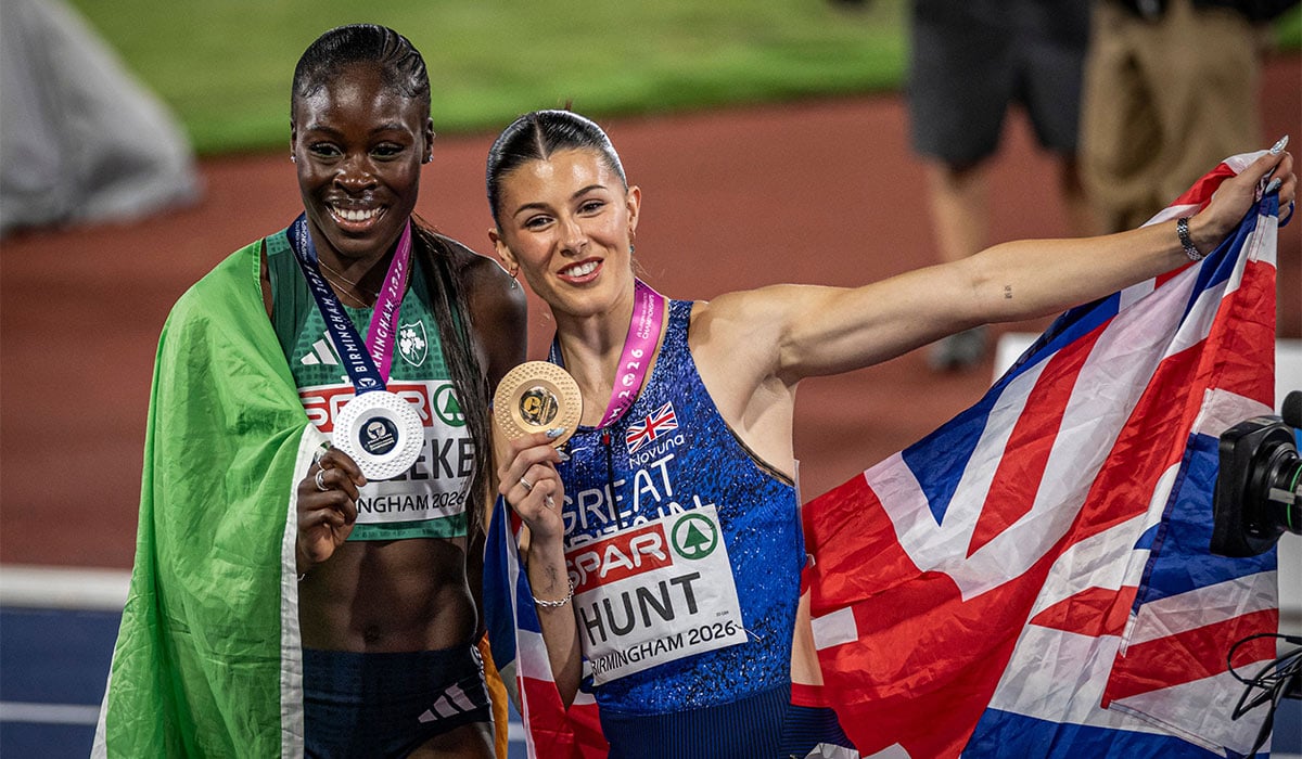 Amy Hunt (GBR) and Rhasidat Adeleke (IRL) celebrate after finishing first and second in the womens 200m respectively. Pic: Shutterstock