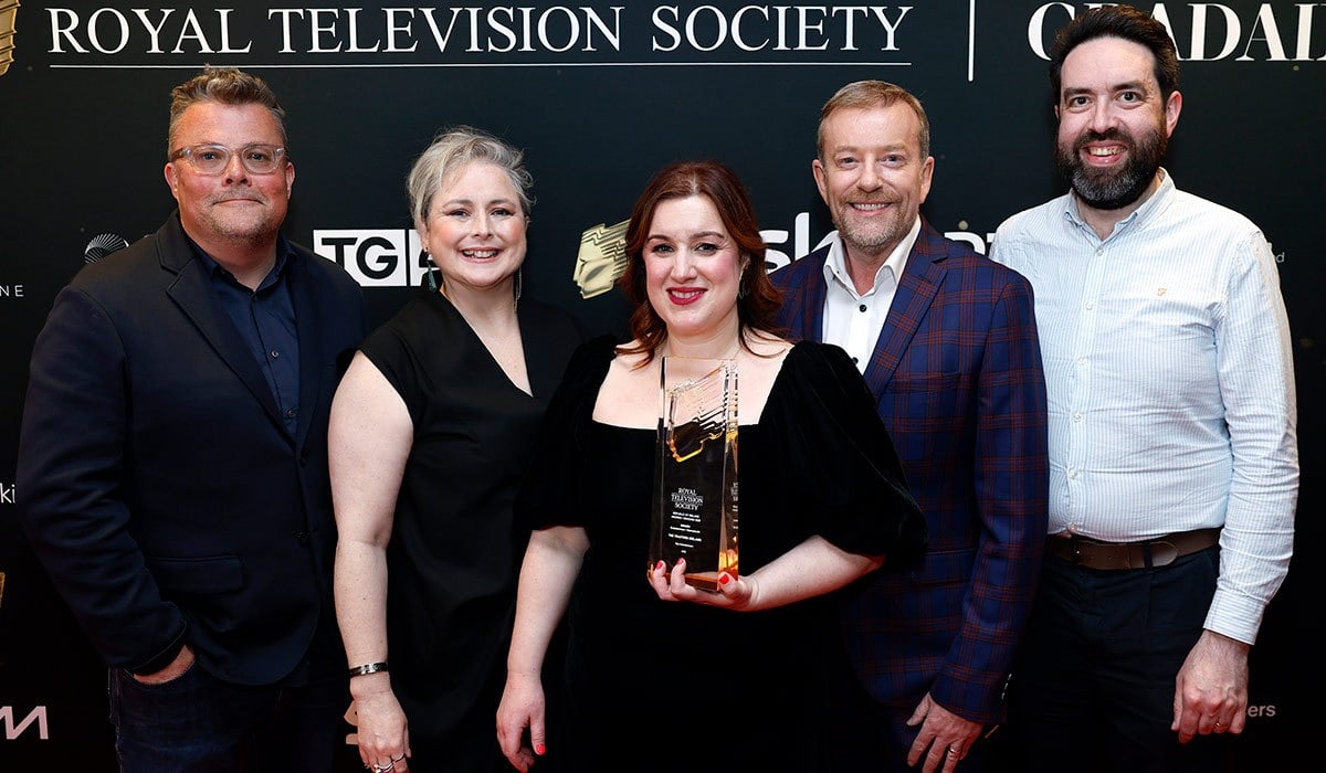 Darren Smith, Siobhan McSweeney and Mairead Whelan with Alan Hughes and Sean King, celebrating the winning award for The Traitors Ireland, at the 2026 Royal Television Society (RTS) Ireland Awards. Pic: Maxwells