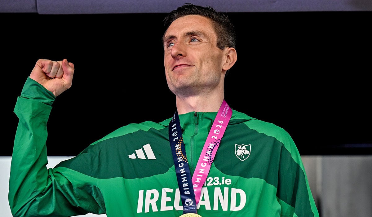 Mark English of Ireland celebrates with his gold medal from the men's 800m. Pic: Sportsfile