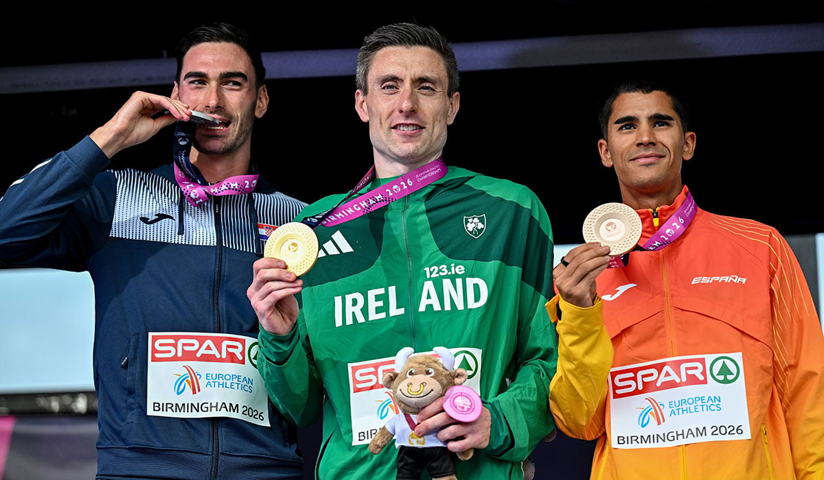 Silver medallist Marino Bloudek of Croatia, gold medallist Mark English of Ireland and bronze medallist Mohamed Attaoui of Spain. Pic: Sportsfile