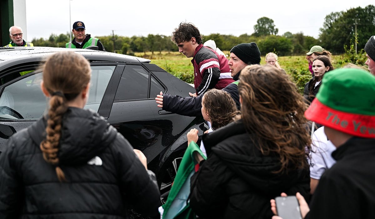 6 September 2026; Kobe McDonald of Crossmolina Deel Rovers with supporters after the Connacht Gold Senior Club Championship Group 3 match between Crossmolina Deel Rovers of Mayo and Mayo Gaels of Mayo at Charlestown Sarsfields GAA, Fr O'Hara Park, Charlestown in Mayo. Photo by Paul Phelan/Sportsfile