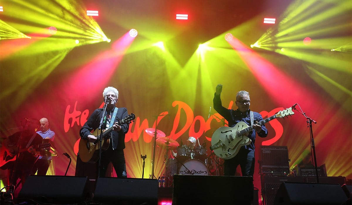 Davy Carton (L) and Leo Moran (R) of The Saw Doctors perform onstage during Electric Picnic Festival. Pic: Getty Images