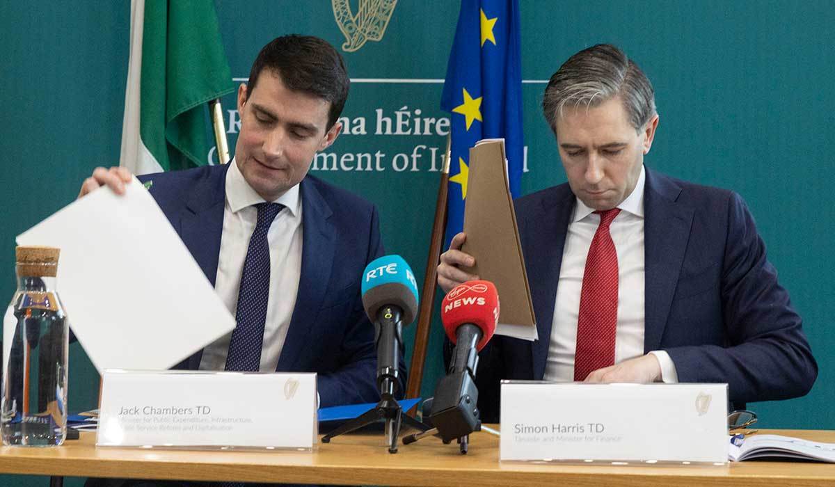 19.12.2025. . Photo Shows : Minister for Public Expenditure, Infrastructure, Public Service Reform and Digitalisation, Jack Chambers TD and Tánaiste, Minister for Finance and leader of Fine Gael Simon Harris TD speaking to the media in the Dept of Finance, on the publication of the Medium-Term Fiscal and Structural Plan. Photo: Sam Boal/Collins Photos