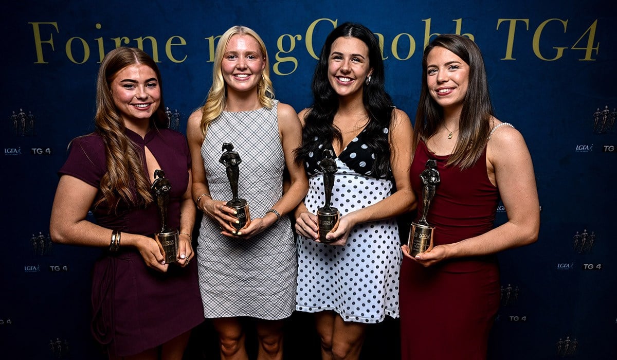 Fermanagh players on the 2026 TG4 Intermediate Team of the Championship, Shannan McQuade, Cadhla Carla Bogue and Niamh McManus. Pic: Sportfile 