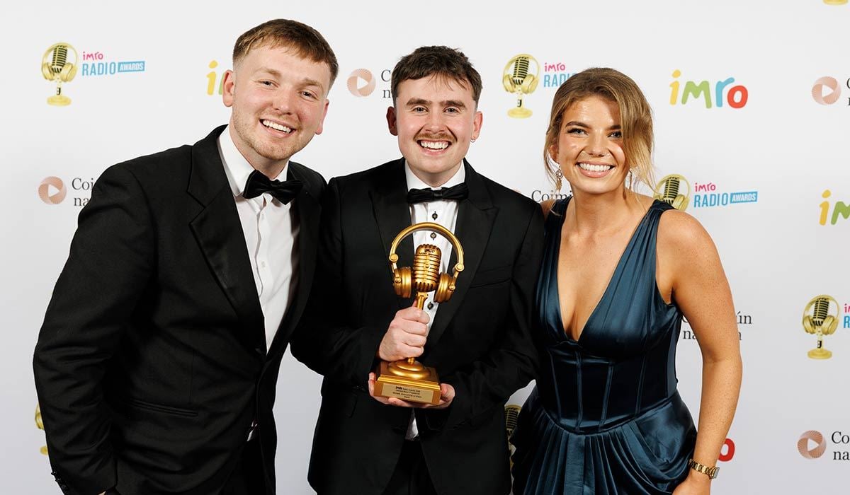 Shane O’Loughlin, Michael Kearney, Ella Carey winners of General Music Programme at the IMRO Radio Awards 2026. Photo by Andres Poveda.