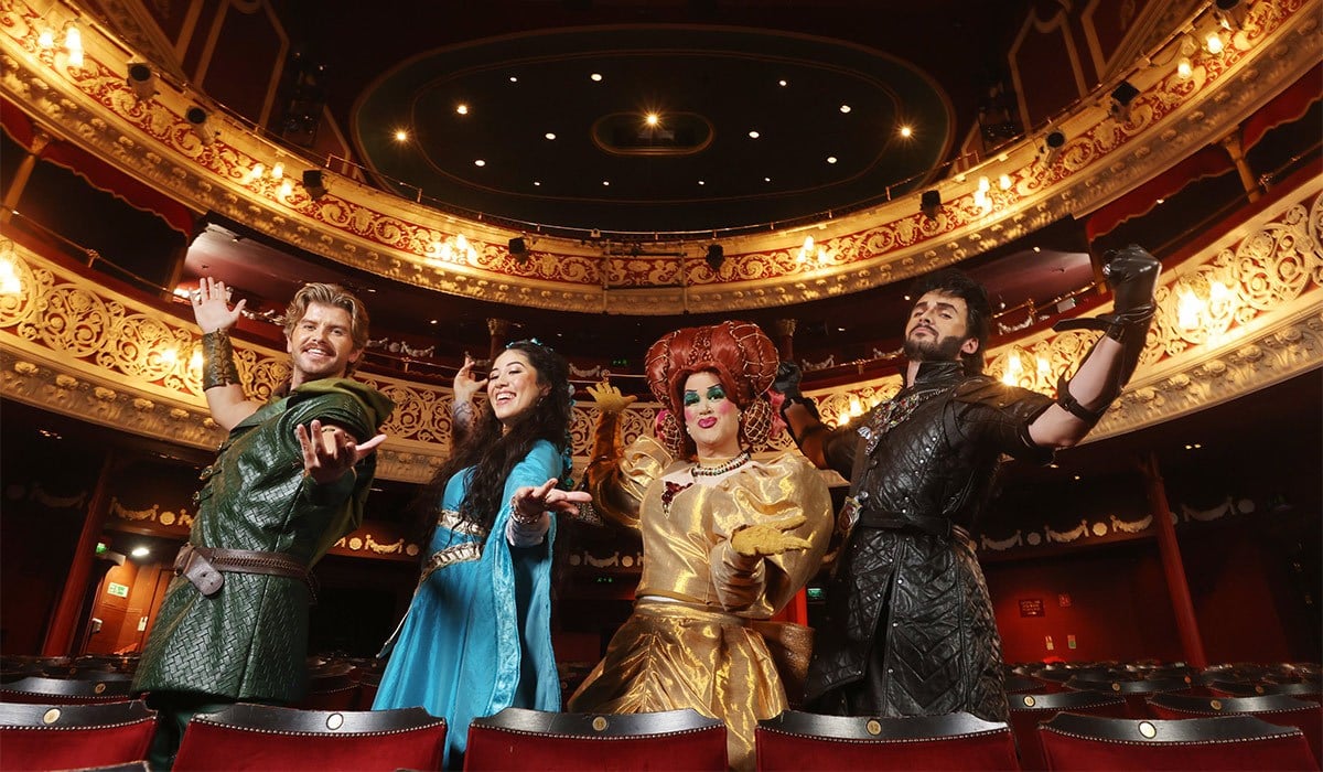 David James Whelan as Robin Hood, Tara Flanagan as Maid Marian, introducing Michael Joseph as Dame Patsy, and David Crowley as the Sheriff of Snottingham. Pic: Leon Farrell / Photocall Ireland